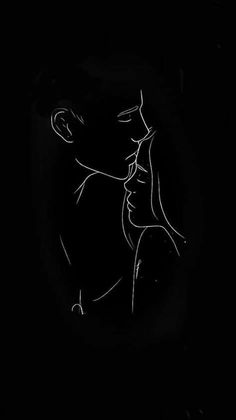 a black and white drawing of a man kissing a woman's face in the dark