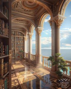 an artist's rendering of a library overlooking the ocean