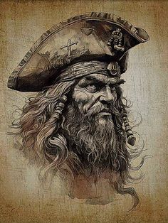 a drawing of an old pirate with long hair and beard