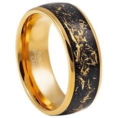 men's wedding band with gold and black marble inlayed to the surface