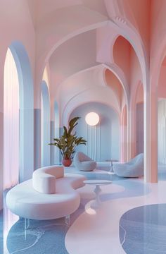 an artisticly designed room with pink walls and arches on the ceiling is filled with white furniture