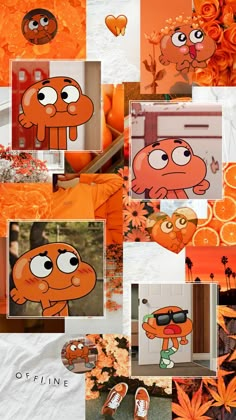 an orange and white collage with cartoon characters