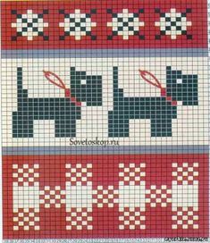 a cross stitch pattern with two dogs on it, one is red and the other is black