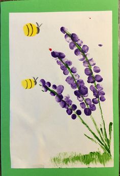 an art project with purple flowers and bees