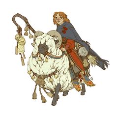 a drawing of a man riding on the back of a white sheep with bells around its neck