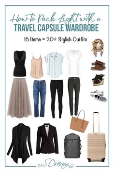 travel capsule wardrobe with clothes and luggage