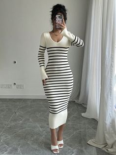 Women's Ribbed V-Neck Ribbed Print  Sweater Dress, Fall Winter  Long Sleeve Warm Multicolor Elegant  Long Sleeve Knitwear Colorblock,Striped  Medium Stretch  Women Clothing, size features are:Bust: ,Length: ,Sleeve Length: Dresses For Home, Sweater Dress Fall, Winter Christmas Outfits, Lounge Dresses, Fall Sweater Dress, Printed Sleeveless Top, Lounge Dress, Long Sleeve Sweater Dress, Knitwear Dress