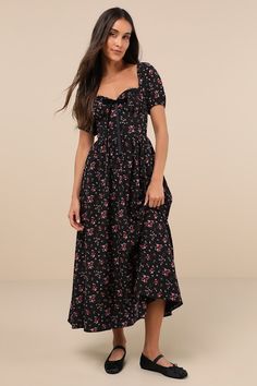 You'll be known for being the most stylish cutie around with the Lulus Lovely Reputation Black Floral Puff Sleeve Bustier Midi Dress! Sleek, stretch-woven fabric boasts a romantic pink and red floral print throughout as it shapes a bustier-inspired bodice with lace-trimmed, lightly gathered cups and a sweetheart neckline with a velvet bow at the center, framed by short puff sleeves (with elastic at the shoulders and cuffs). The set-in waist tops a flowy, A-line skirt that cascades down to a swee Bustier Midi Dress, Midi Dress Floral, Floral Bustier, Black Floral Dress, Bustier Dress, Velvet Bow, Floral Dress Black, Dress Floral, Floral Midi Dress