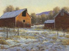 an oil painting of two barns in the snow