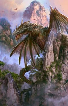 a painting of a dragon on top of a mountain