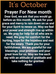 an orange and black poster with the words it's october prayer for new month