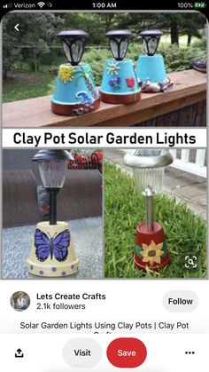 four different solar garden lights in the grass and one with a butterfly painted on it