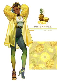 a woman dressed as a pineapple standing in front of a yellow background with pineapples