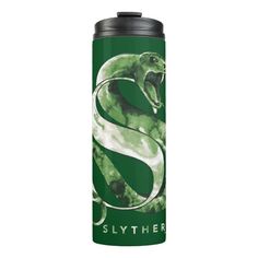 the slyther logo on a green and white watercolored tumbler cup with an image of a snake