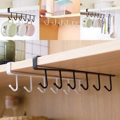 there are eight hooks on the shelf with mugs and spoons hanging from them