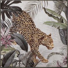 a painting of a leopard in the jungle with tropical leaves and plants on it's sides