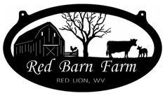 the red barn farm sign is black and white with an image of a cow and tree