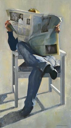 a painting of a man sitting in a chair reading a newspaper