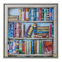 a painting of bookshelves with colorful books on the top and bottom shelves, painted in pastel pencils