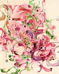 an abstract painting with pink and green colors