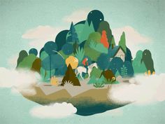 an illustration of a small island in the middle of some trees and clouds with houses on it