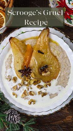 two pears on top of oatmeal in a white bowl with pine cones