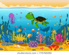 an underwater scene with sea animals and fish