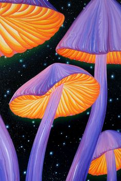 an oil painting of purple and orange mushrooms in the night sky with stars on the background