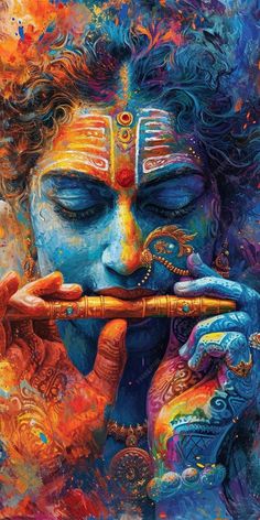 a painting of a man playing the flute with his eyes closed and hands on his chin