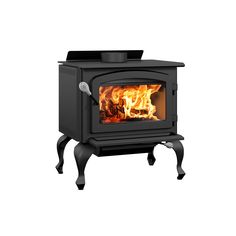 a black stove with flames in it on a white background and the top half is open