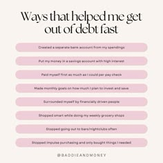 a pink poster with the words ways that helped me get out of debt fast