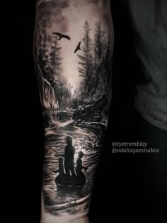 a man's arm with an image of two people on a boat in the water