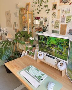 a desk with a keyboard, mouse and monitor on it in a room filled with plants