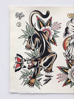 a tattoo design on paper with an animal and flowers in the center, surrounded by other tattoos