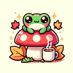 a cartoon frog sitting on top of a mushroom next to a cup of coffee