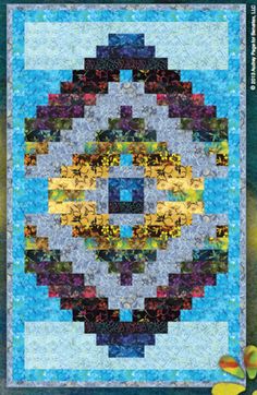 a blue and yellow quilt with an abstract design