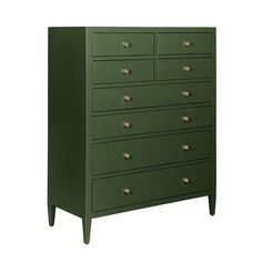 a green chest of drawers with brass knobs on the top and bottom, against a white background