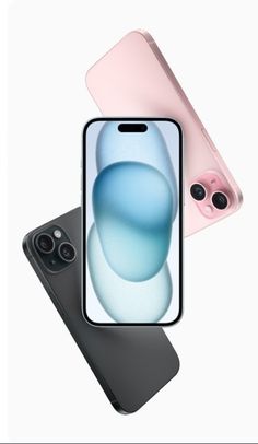 three iphones are shown in different colors and sizes, one is pink, the other is blue