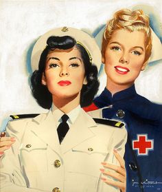 two women in uniforms are standing next to each other and one is wearing a red cross uniform