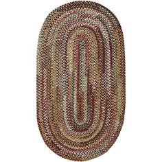 the oval rug is made from multicolored braiding and has an oval shape