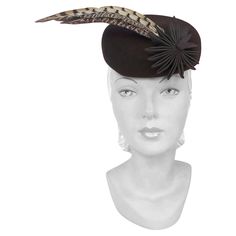 1930s/1940s Brown Fur Felt Sculpted Hat With Feather and Ribbon Accents. This hat is multi-dimensional with its grosgrain flower/tails and its 3 accent feathers.This hat has a back panel to xlant the hat and including the matching hand-made hatpin. 1920s Hats, 1930s Hats, Womens History, Hat With Feather, 1940s Hats, 1940's Fashion, Spain Trip, Bridal Cap, Rose Hat