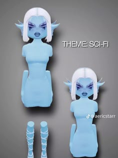 an image of a female character with blue hair and white skin, in various poses