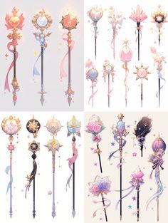 several different types of wands with flowers and stars on them