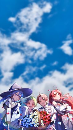 an anime scene with three women and one man sitting on the ground in front of a blue sky