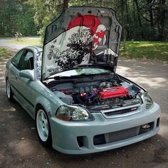 a car with its hood open in the park