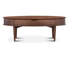 an oval coffee table with two drawers on one side and the other end section open