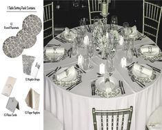 the table is set with silver and white place settings, napkins, and wine glasses