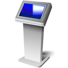 an electronic kiosk with a blue screen on the front and white back ground