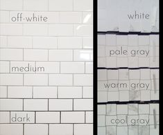 white subway tiles with different words written on them in black and white, off - white or medium gray