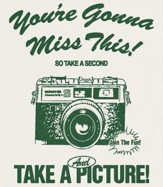 a green and white advertisement for a camera